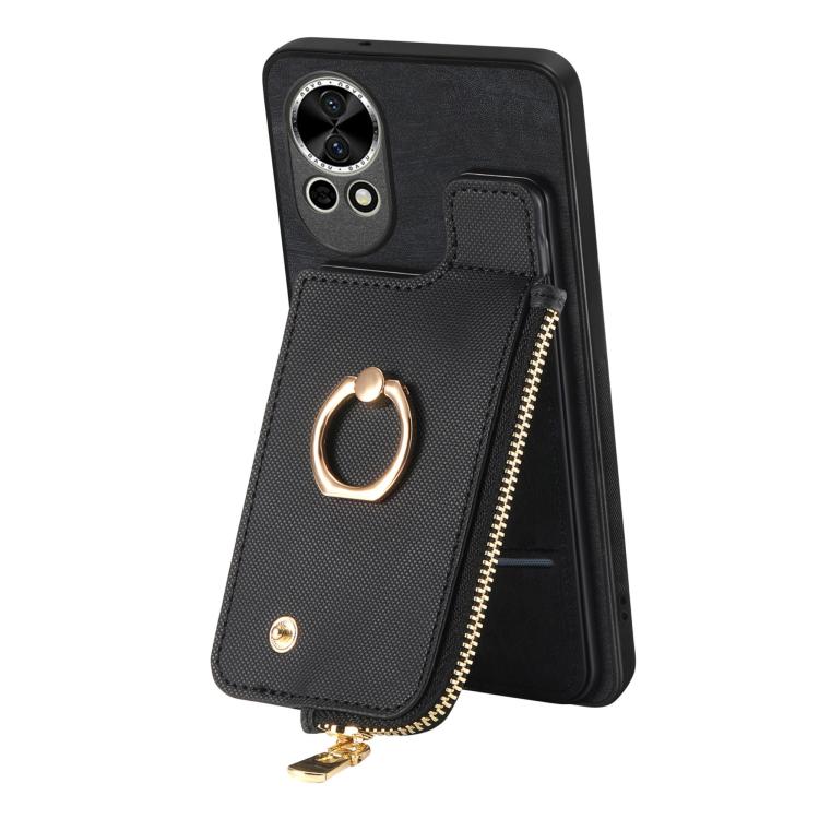 Funda para Teléfono Huawei Nova 9 Se con Cremallera Vertical y Anillo de Cuero Cruzado (Negro)