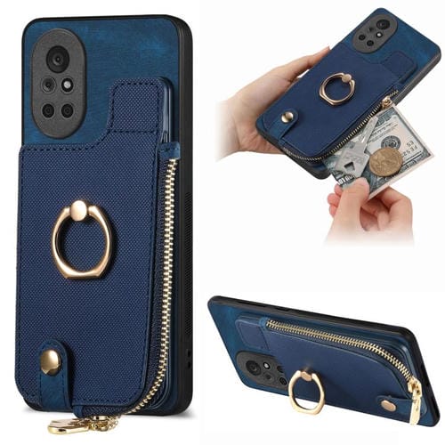 Funda para Teléfono Huawei Nova 8 con Cremallera Vertical y Anillo de Cuero Cruzado (Azul)