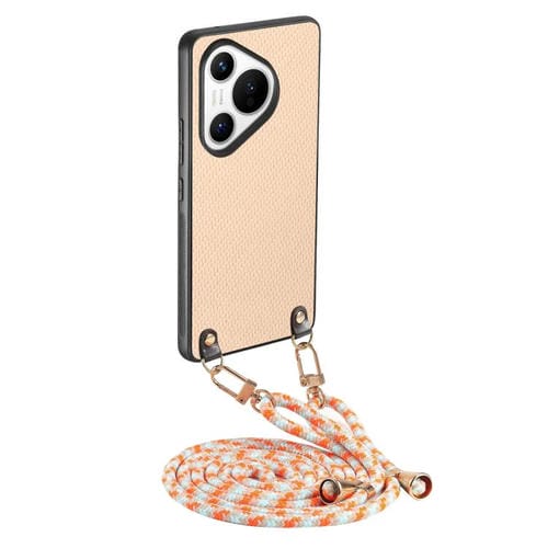 Funda de Cuero con Textura de Fibra de Carbono para Huawei Pura 70 Pro+ con Correa Cruzada (Caqui)