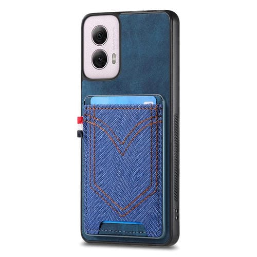 Funda de Piel con Textura Vaquera para Motorola Moto G Power 5G 2024 con Ranura para Tarjetas (Azul)