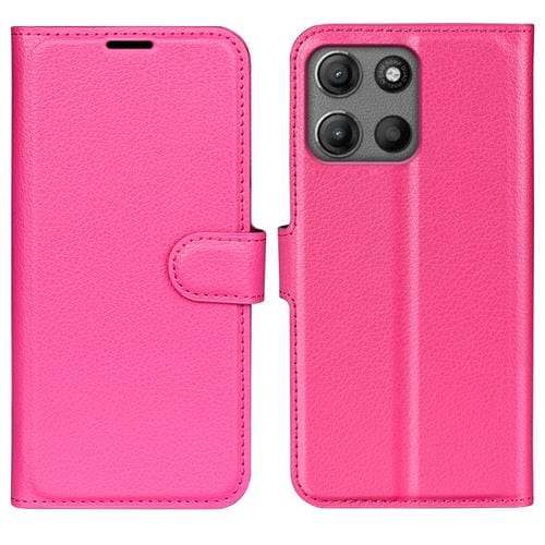 Funda de Cuero con Tapa Horizontal y Textura de Lichi para Motorola Moto G15 con Soporte (Rosa Rojo)