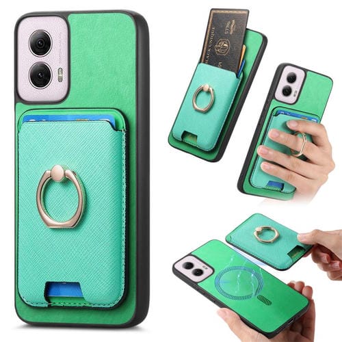 Funda para Motorola Moto G35 con Ranuras para Tarjetas y Anillo de Cuero Diseño Retro (Verde)