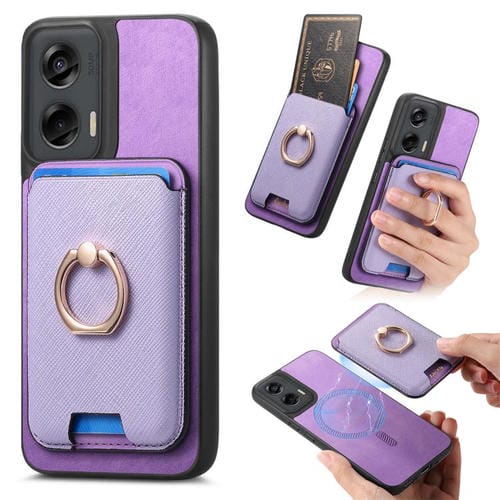 Funda para Motorola Moto G Stylus 5G (2024) con Ranuras para Tarjetas y Anillo de Cuero (Morado)
