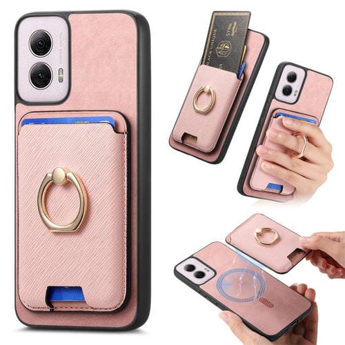 Funda para Motorola Moto G Power 5G (2024) con Ranuras para Tarjetas y Anillo de Cuero (Rosa)