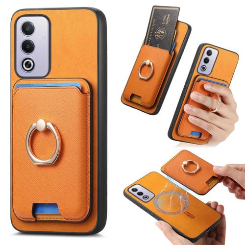 Funda para Oppo A3 Pro con Anillo de Cuero Retro Cruzado y Ranuras para Tarjetas, con Inserción Vertical, Magsafe (Amarilla)
