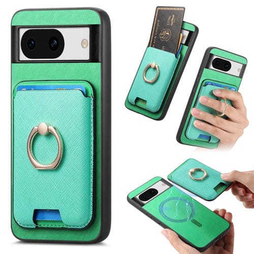 Funda para Google Pixel 8A con Ranuras para Tarjetas y Anillo de Cuero Diseño Retro (Verde)