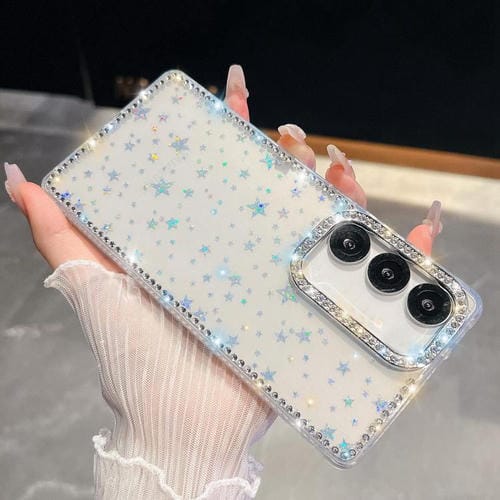 Funda de TPU con purpurina y diamantes de imitación para Samsung Galaxy A17 5G, anticaídas en las cuatro esquinas (estrellas transparentes)