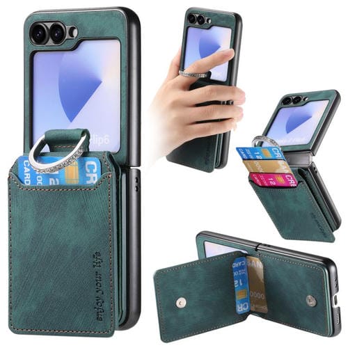 Funda tipo cartera con tapa vertical y anillo de cuero retro para Samsung Galaxy Z Flip6 5G (verde)