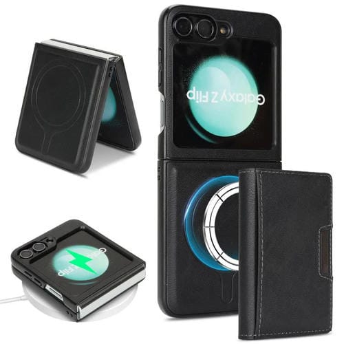 Funda de cuero plegable triple con imán fuerte MagSafe para Samsung Galaxy Z Flip6 (negro)