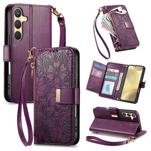 Funda de cuero con cremallera y correa para Samsung Galaxy S24+ 5G, diseño de flores y hojas (morado)