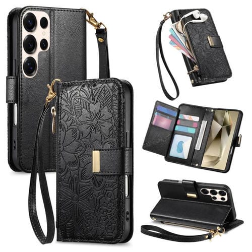 Funda de cuero con cremallera y correa para Samsung Galaxy S24 Ultra 5G, diseño de flores y hojas (negro)