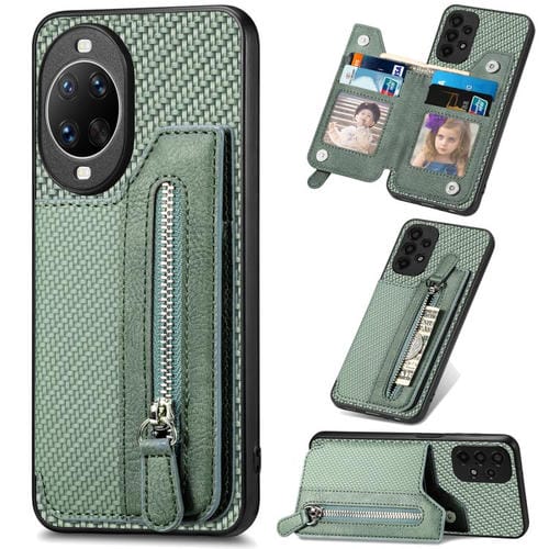 Funda tipo cartera con cremallera horizontal de fibra de carbono para Huawei nova 14 (verde)