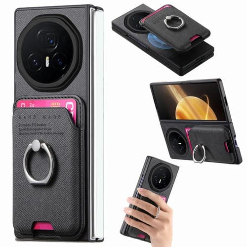 Funda magnética para teléfono con anilla para tarjetas de tela sarga para Honor Magic V3 (negra)