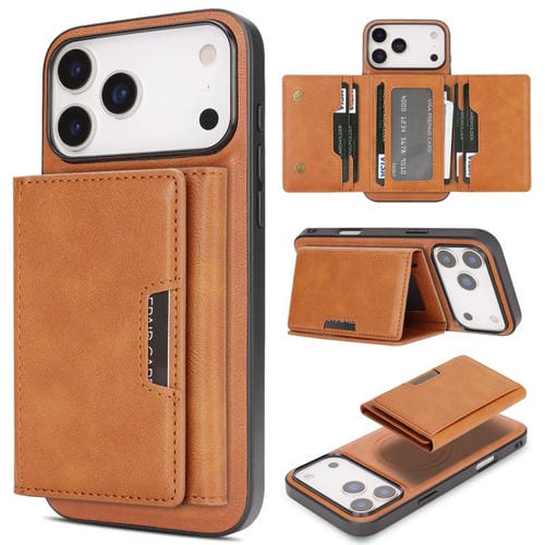 Funda de cuero plegable triple Kalebol con imán fuerte MagSafe para iPhone 17 Pro Max (marrón)