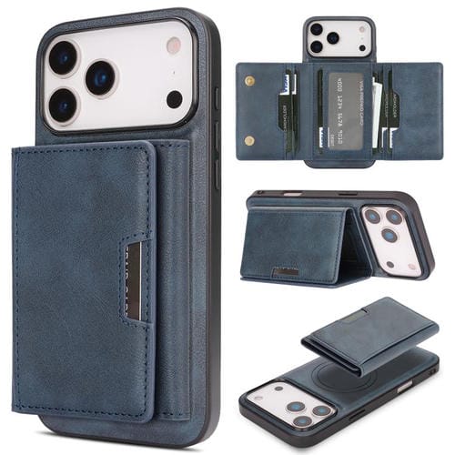 Funda de cuero plegable triple Kalebol con imán fuerte MagSafe para iPhone 17 Pro Max (azul)