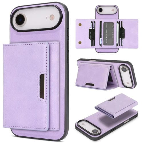 Funda de cuero plegable triple Kalebol con imán fuerte MagSafe para iPhone 17 Air (morado)