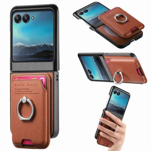 Funda magnética para Motorola Moto Razr 40 Ultra, de tela sarga, con anillo para tarjetas (marrón)