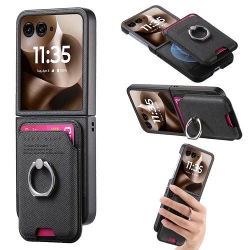 Funda magnética con anillo para Motorola Moto Razr 60 Ultra, de tela sarga, color negro