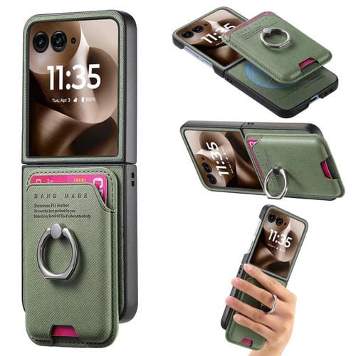 Funda magnética con anillo para Motorola Moto Razr 60 Ultra, de tela sarga, con ranuras para tarjetas (verde)