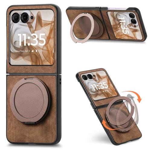 Funda de cuero retro con soporte giratorio redondo para Motorola Moto Razr 50 (marrón)