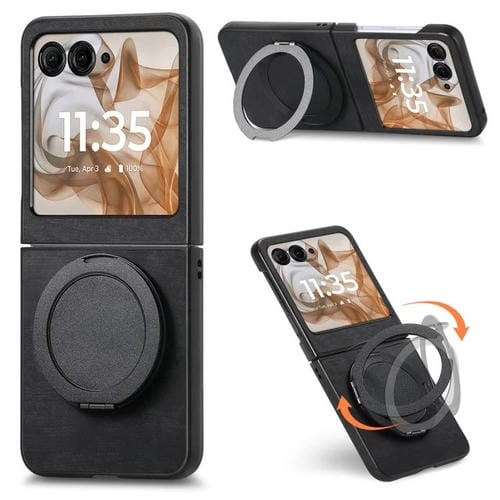 Funda de cuero retro con soporte giratorio para Motorola Moto Razr 60 (negra)