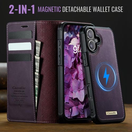 Funda de cuero desmontable CaseMe C49 con bloqueo RFID MagSafe para iPhone 16 (morado)