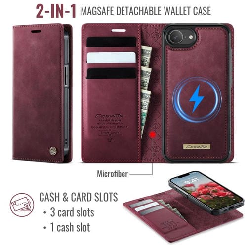Funda de cuero desmontable CaseMe C49 con bloqueo RFID MagSafe para iPhone 16e (roja)