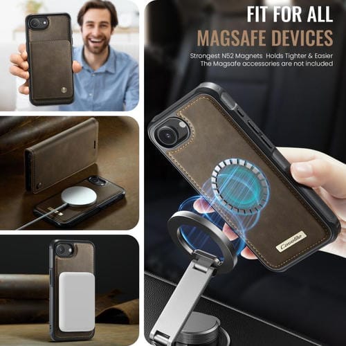Funda de cuero desmontable CaseMe C49 con bloqueo RFID MagSafe para iPhone 16e (café)