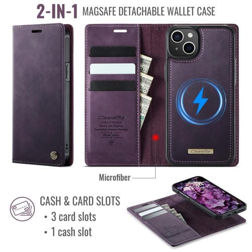 Funda de cuero desmontable CaseMe C49 con bloqueo RFID MagSafe para iPhone 15 (morado)