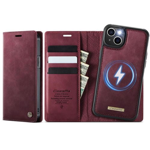 Funda de cuero desmontable CaseMe C49 con bloqueo RFID MagSafe para iPhone 14 (roja)