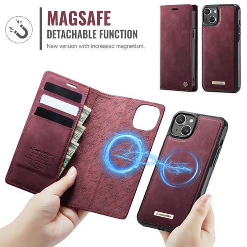 Funda de cuero desmontable CaseMe C49 con bloqueo RFID MagSafe para iPhone 14 (roja)