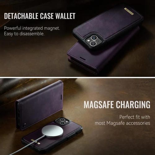 Funda de cuero desmontable CaseMe C49 con bloqueo RFID MagSafe para iPhone 14 (morado)
