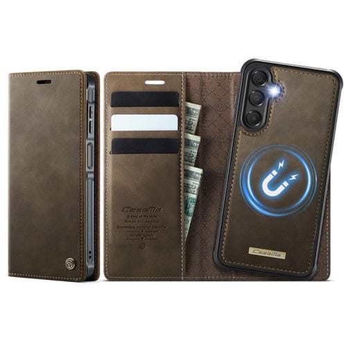 Funda de cuero desmontable con bloqueo RFID magnético CaseMe C49 para Samsung Galaxy A15 (café)