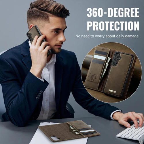 Funda de cuero desmontable con bloqueo RFID magnético para Samsung Galaxy A14 5G / M44 CaseMe C49 (café)