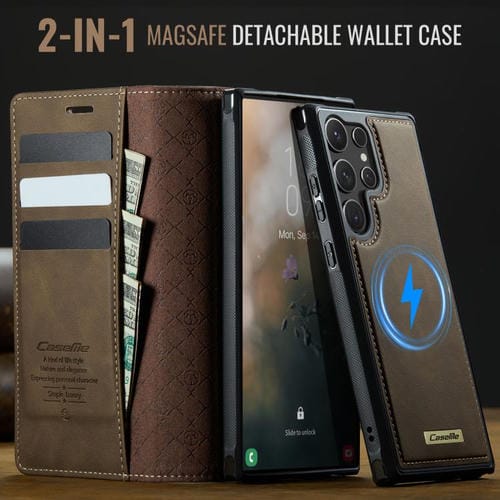 Funda de cuero desmontable con bloqueo RFID magnético para Samsung Galaxy S24 Ultra 5G CaseMe C49 (café)