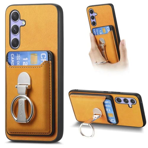 Funda retro plegable con anillo y tarjetero MagSafe para Samsung Galaxy A14 4G/5G (amarilla)