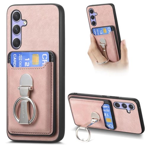 Funda retro plegable con anillo y tarjetero MagSafe para Samsung Galaxy A25 5G (rosa)