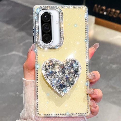 Funda para Samsung Galaxy A36 5G con diseño de corazón, piedras preciosas y brillo de diamantes (amarillo claro)
