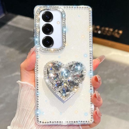 Funda para Samsung Galaxy S25 5G con diseño de corazón, piedras preciosas y brillo de diamantes (blanca)