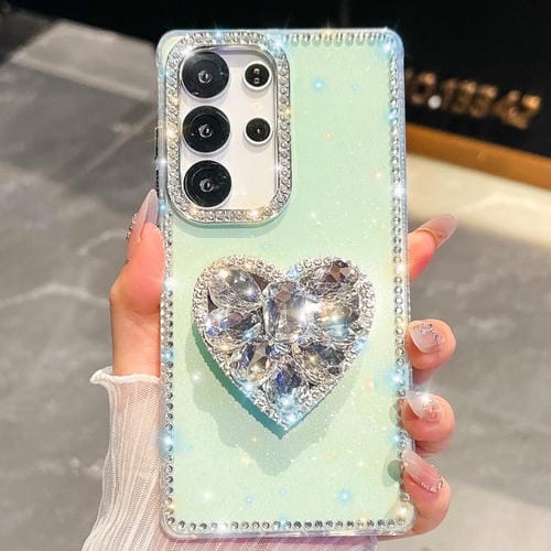 Funda para Samsung Galaxy S25 Ultra 5G con diseño de corazón, piedras preciosas y brillo de diamantes (verde claro)