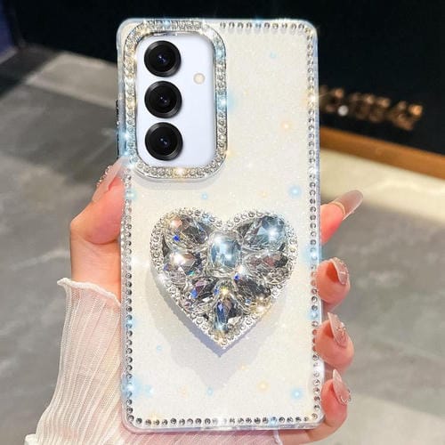 Funda para Samsung Galaxy A16 5G con diseño de corazón, piedras preciosas y brillo de diamantes (blanca)