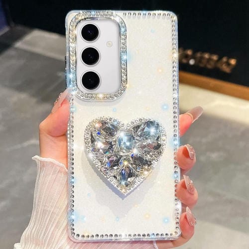 Funda para Samsung Galaxy S24 FE 5G con diseño de corazón, piedras preciosas y brillo de diamante (blanca)