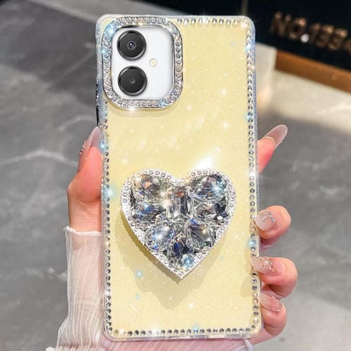 Funda para Samsung Galaxy A07 5G con diseño de corazón, piedras preciosas y brillo de diamantes (amarillo claro)