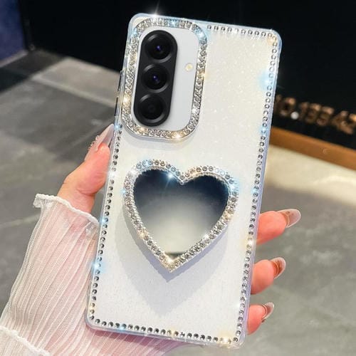 Funda con forma de corazón y espejo con purpurina de diamante para Samsung Galaxy A56 5G (blanca)