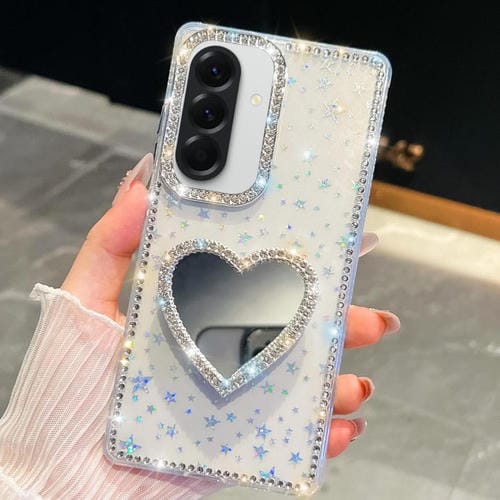 Funda para Samsung Galaxy A26 5G con purpurina de diamante y espejo con forma de corazón (estrellas transparentes)