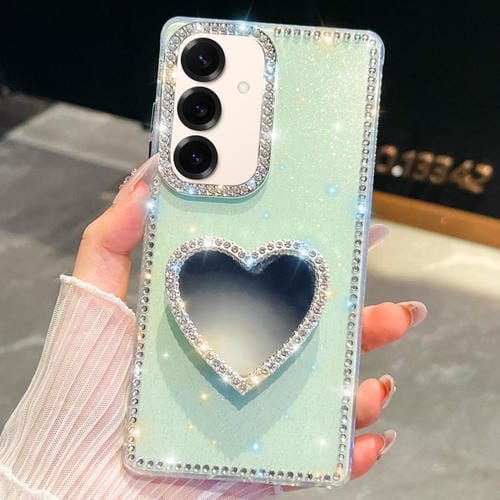Funda con forma de corazón y espejo con purpurina de diamante para Samsung Galaxy S25 5G (verde claro)