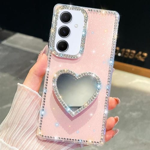 Funda para Samsung Galaxy A55 5G con diseño de corazón y espejo con purpurina de diamante (rosa claro)