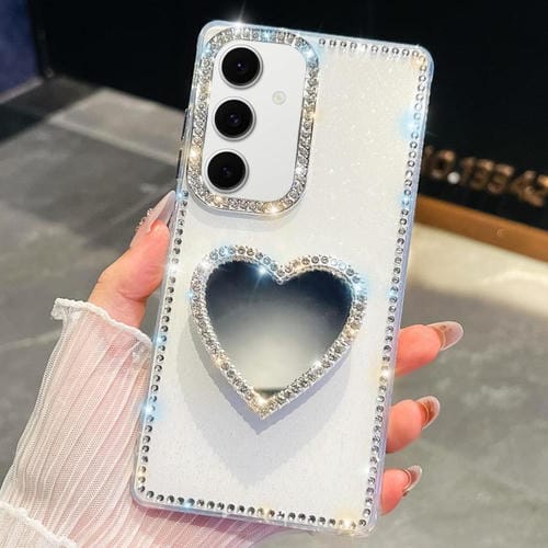 Funda para Samsung Galaxy S24 5G con purpurina de diamante y espejo con forma de corazón (blanca)