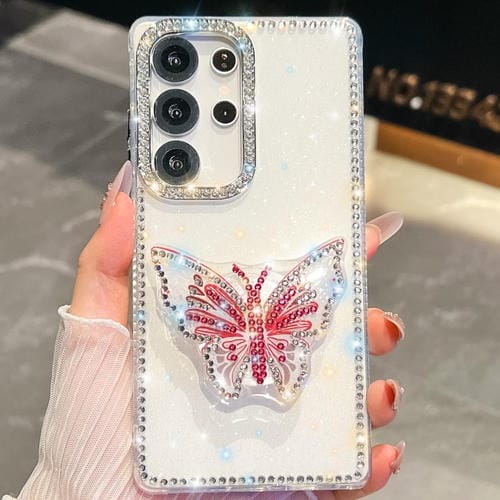 Funda con soporte de mariposa y diamantes brillantes para Samsung Galaxy S25 Ultra 5G (blanca)
