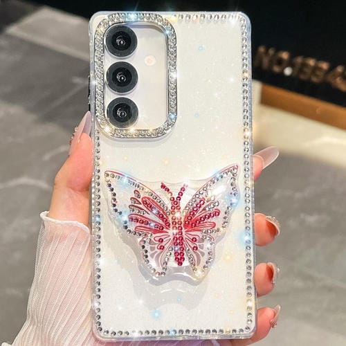 Funda con soporte para Samsung Galaxy S24+ 5G, diseño de mariposa con purpurina y diamantes (blanca)